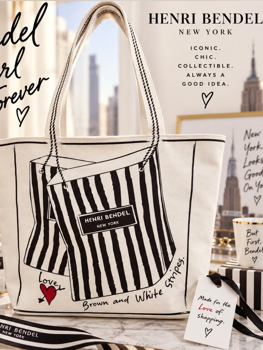 Henri Bendel NWT Rare March GWP Canvas Tote Brown White Stripes Retired
